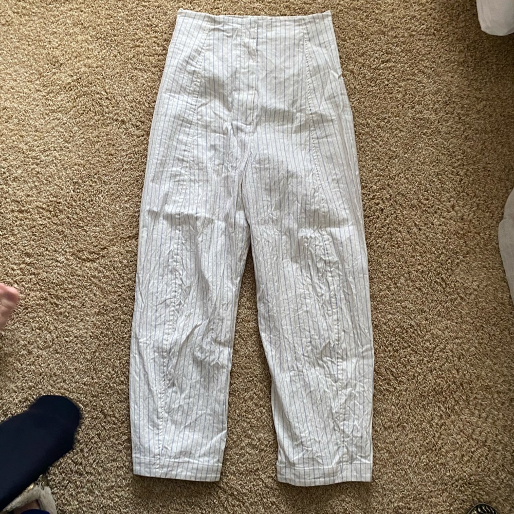 Creatures of Comfort- Highwaisted Ivory Trousers with pale Thin Blue Pinstripes - Picture 4 of 6